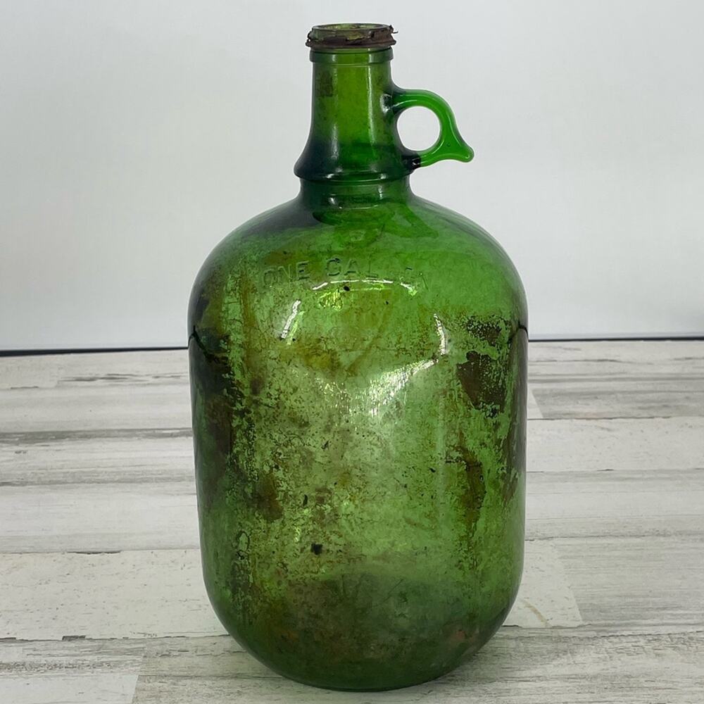 Vintage Embossed One Gallon Owens-Illinois Green Glass Finger Loop Jug